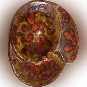 Vintage Pottery Ashtray Divided Cigar Cigarette Brown Orange Drip Retro Accent
